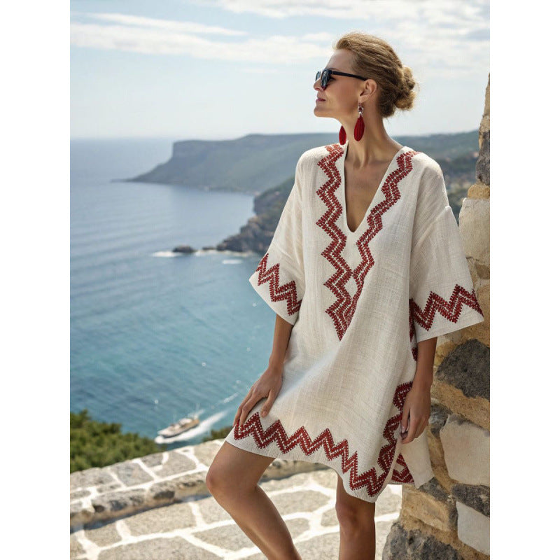 Women Boho Striped V Neck Loose Kaftan Midi Beach Dress
