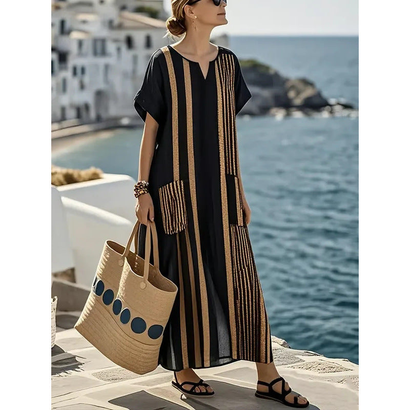 Women Boho V Neck Patch Pocket Print Loose Kaftan Maxi Beach Dress