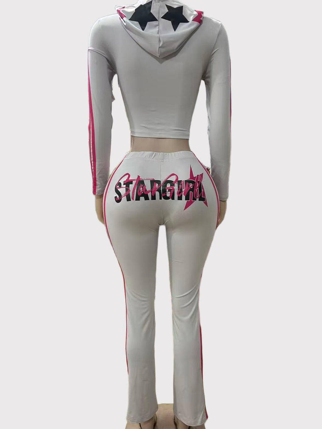 StarGirl Print Zip Up Hooded Crop Top Flare Pants 2 Piece Tracksuit Women