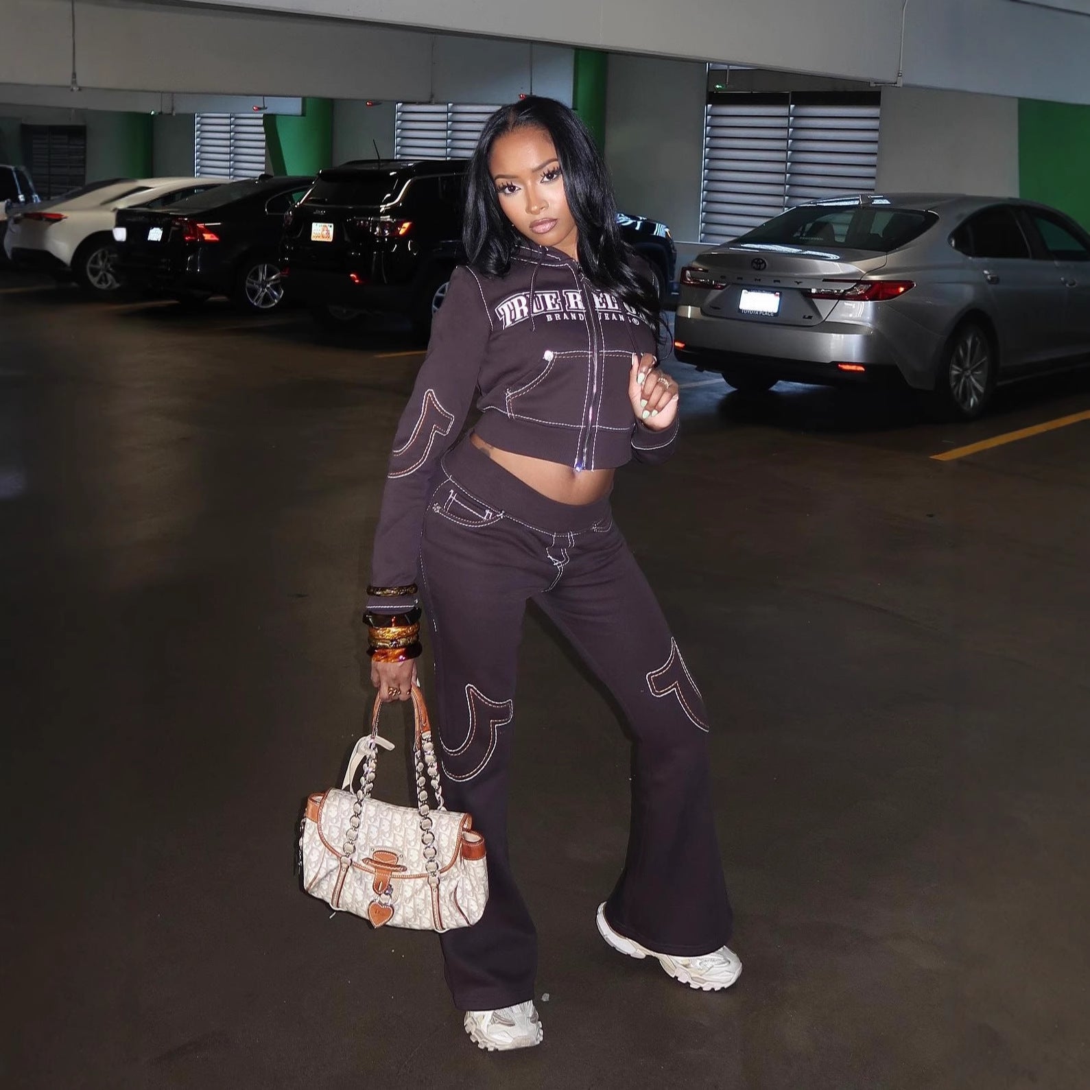 True Religion Stitch Embroidered Zip Crop Hoodie Flare Pants Tracksuit Set