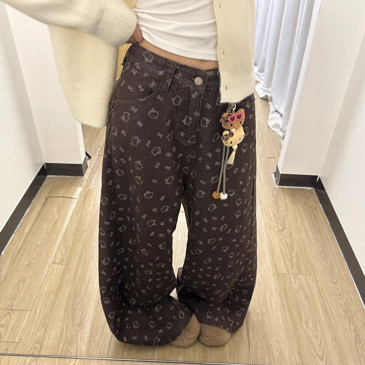 Brown Hello Kitty Print Wide Leg Denim Jeans High Waist Loose Trousers