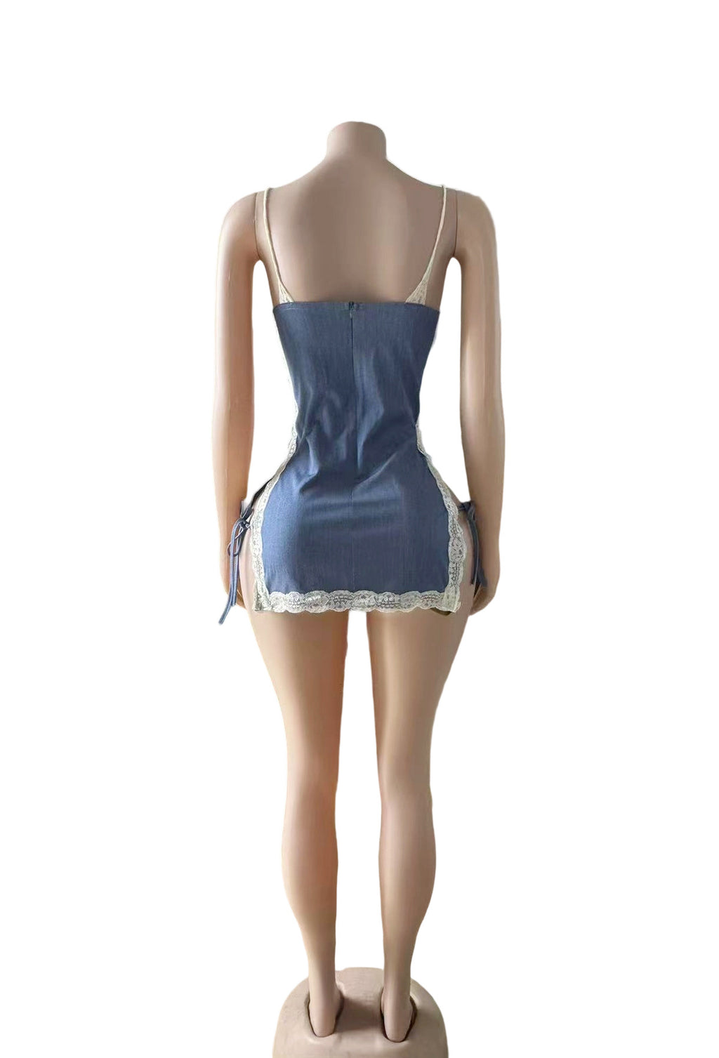 Lace Trim Spaghetti Strap Denim Bodycon Mini Dress Women