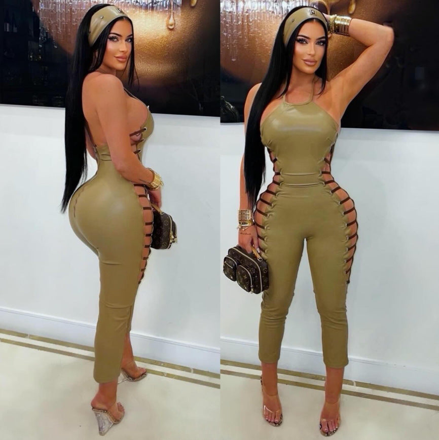 Faux Leather Halter Back Zipper Side Cutout Lace Up Jumpsuit Women