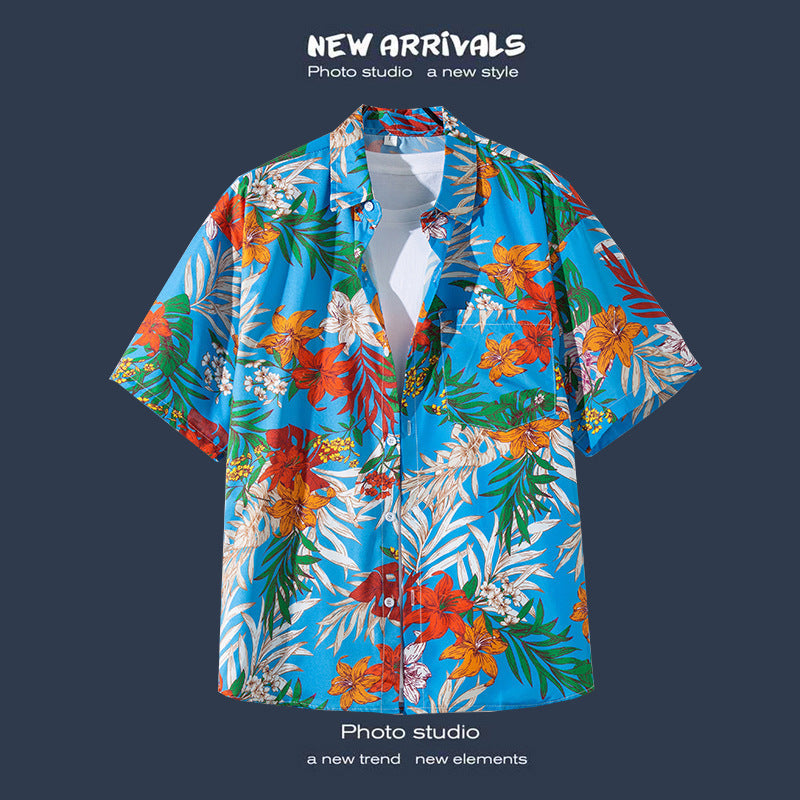 Mens Vintage Tropical Hawaiian Floral Loose Short Sleeve Beach Shirt