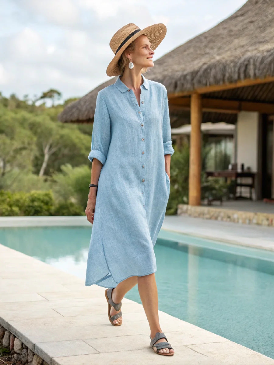 Women Boho Vertical Striped Collared Button Front Slit Loose Maxi Beach Dress