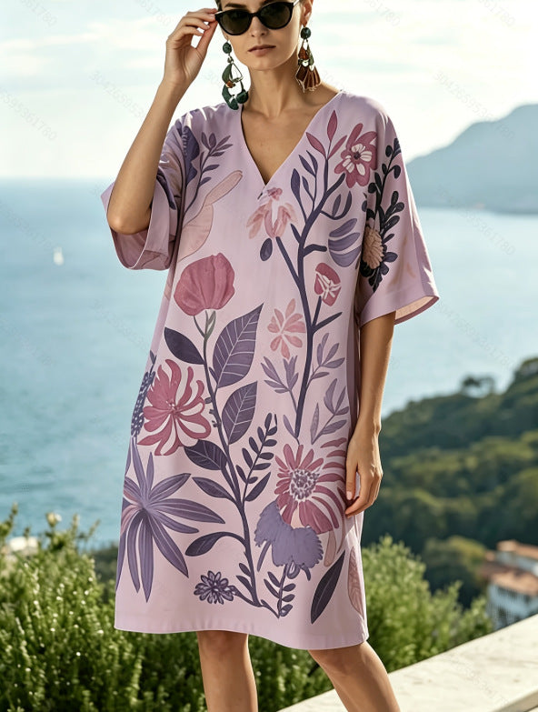 Women Boho Vertical Striped V Neck Loose Short Kaftan Beach Dress