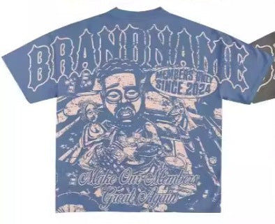 Y2K Hip-Hop Cartoon Portrait Oversized Vintage Baumwoll-T-Shirt im Members-Only-Stil
