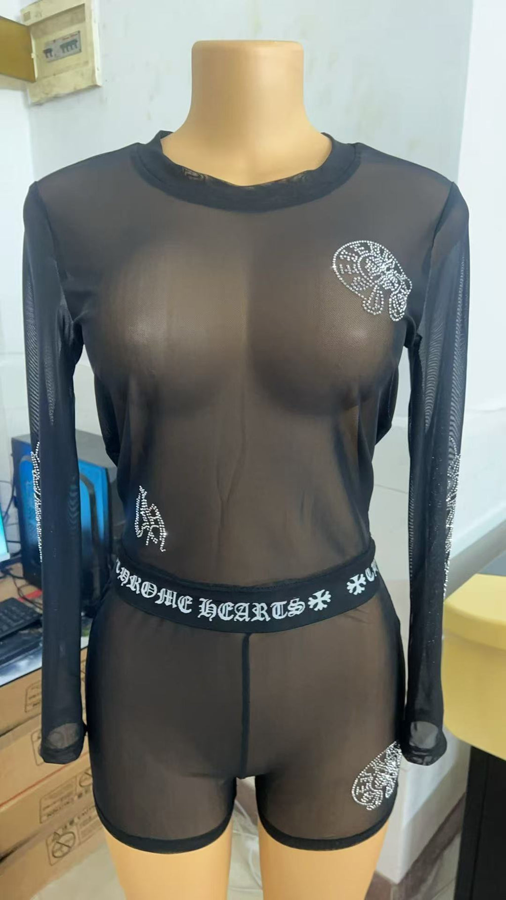 Chrome Hearts Rhinestone Mesh Long Sleeve 2 Piece Shorts Set Women