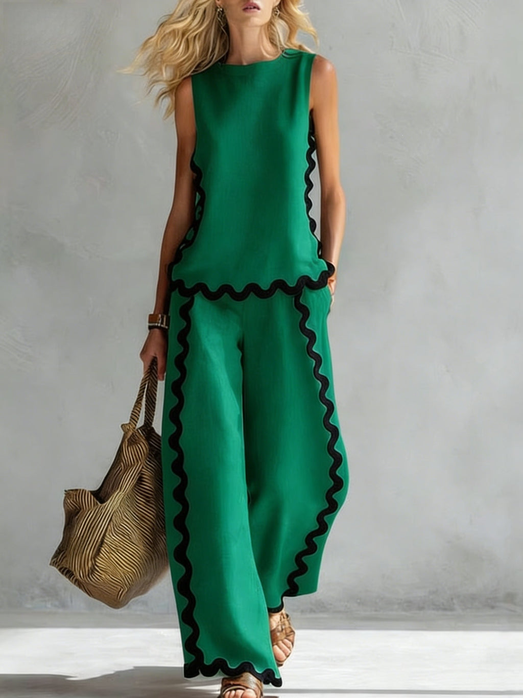 Boho Floral Trim Sleeveless Wide Leg Two Piece Set