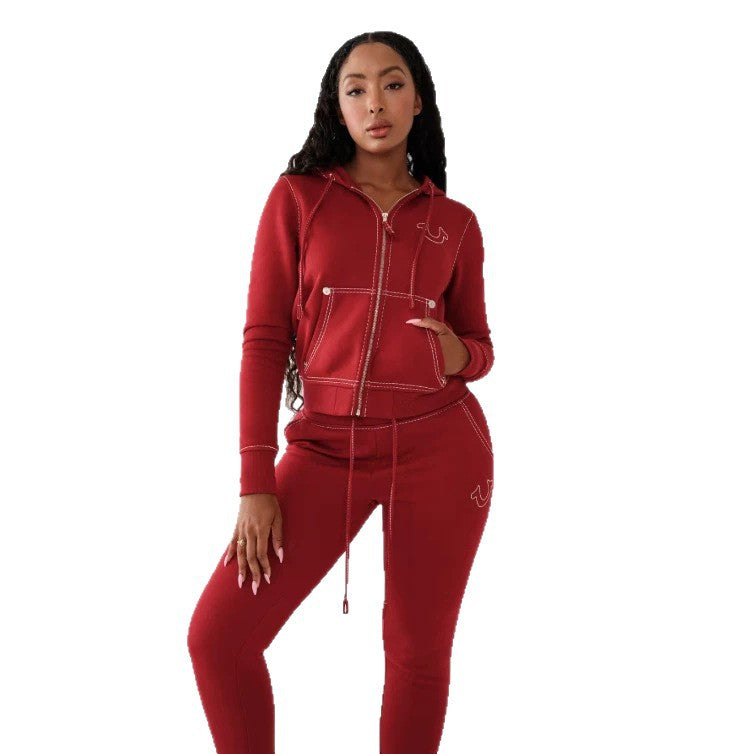 True Religion Vintage Stitch Zip Crop Hoodie Flare Pant Tracksuit Set