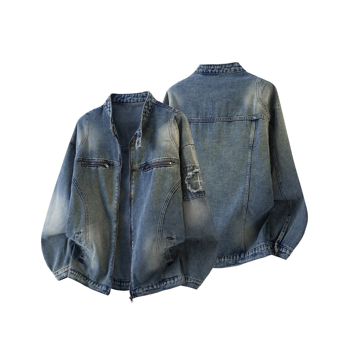 Y2K Vintage Washed Spliced Denim Zip‑Up Jacket Streetwear Unisex