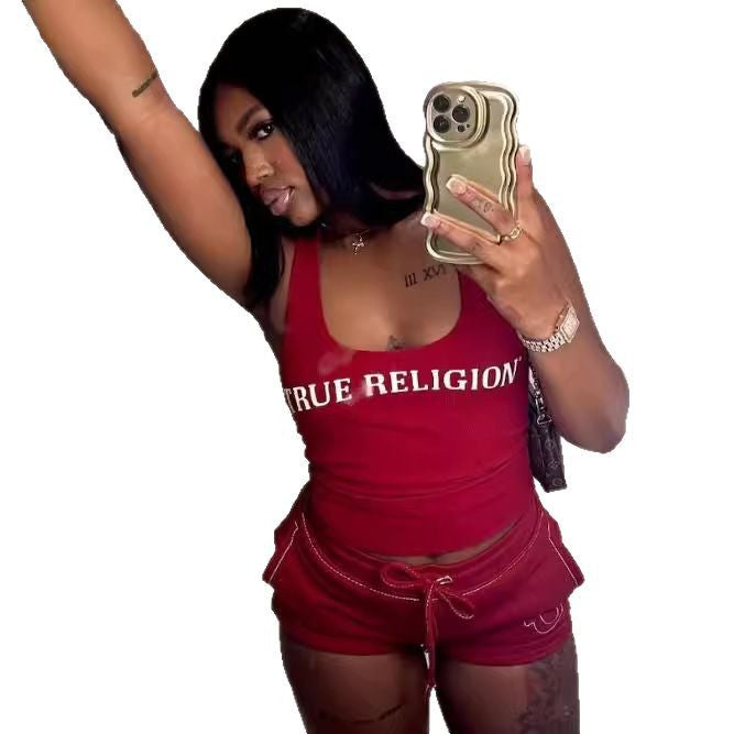 True Religion Letter Print Tank Top Shorts 2 Piece Set Women Casual Outfit