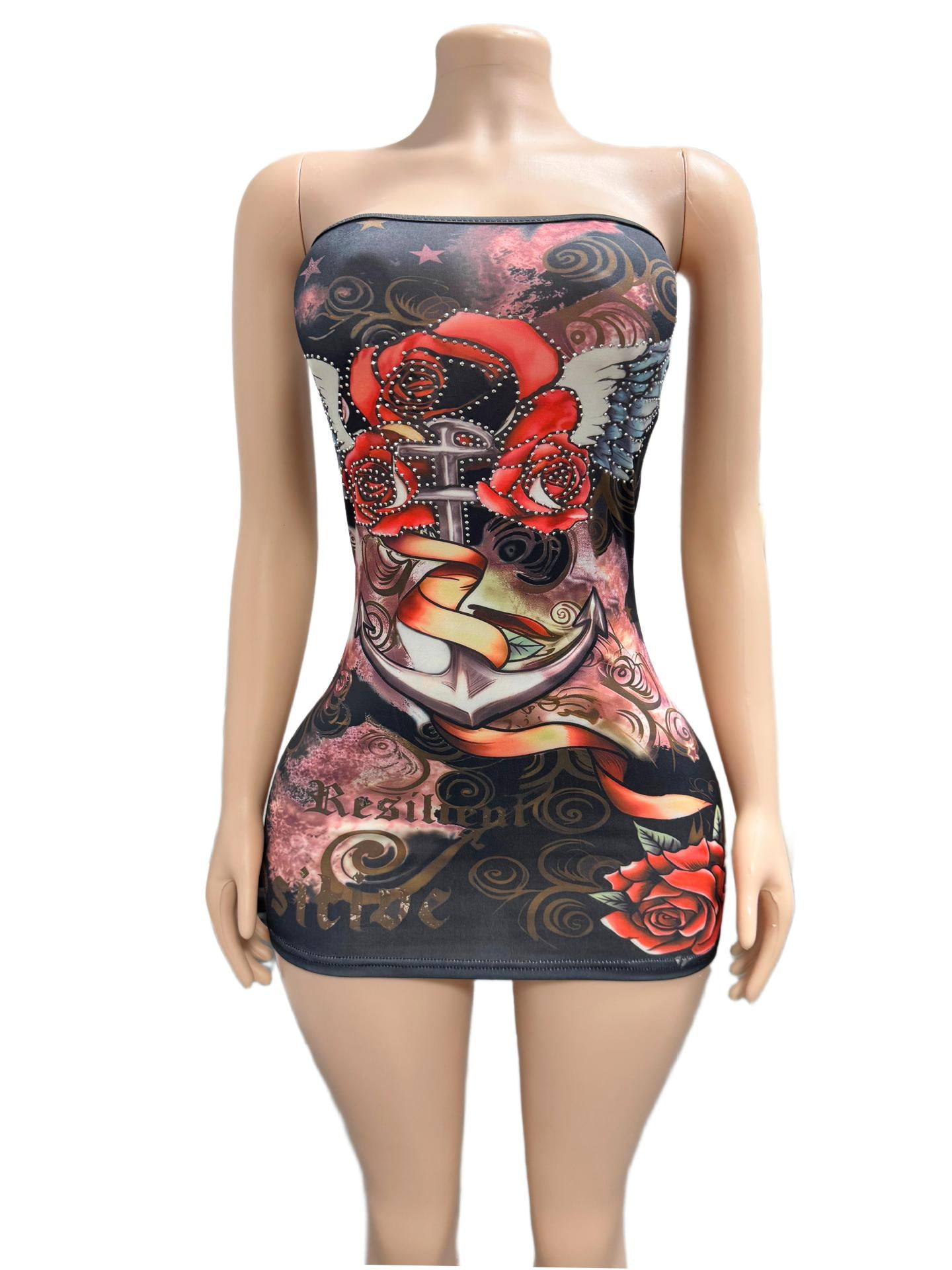 Vintage Tattoo Graphic Print Strapless Bodycon Mini Dress Women