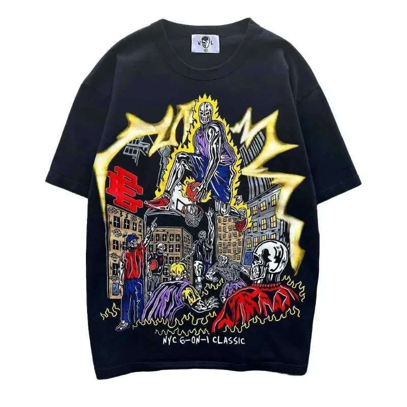Vintage NBA Team Skelett Grafik Unisex Oversized Streetwear Baumwoll T-Shirt