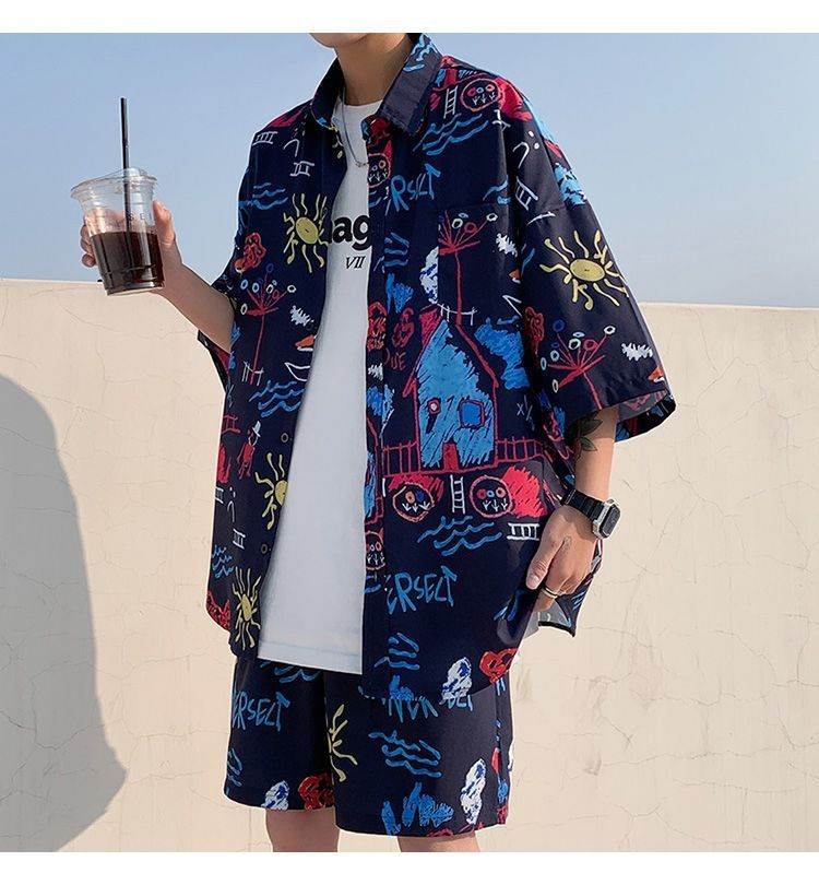 Couple Quick Dry Floral Loose Tropical Beach Shirt Shorts Set