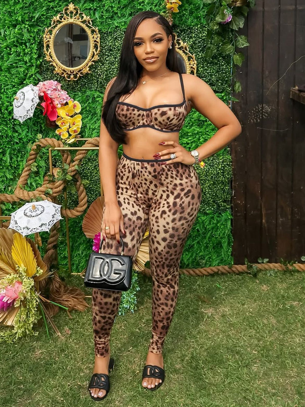 Y2K Leopard Print Spaghetti Strap Crop Top Legging 2 Piece Set