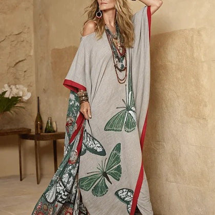 Women Boho Diagonal Striped Off Shoulder Loose Kaftan Maxi Beach Dress