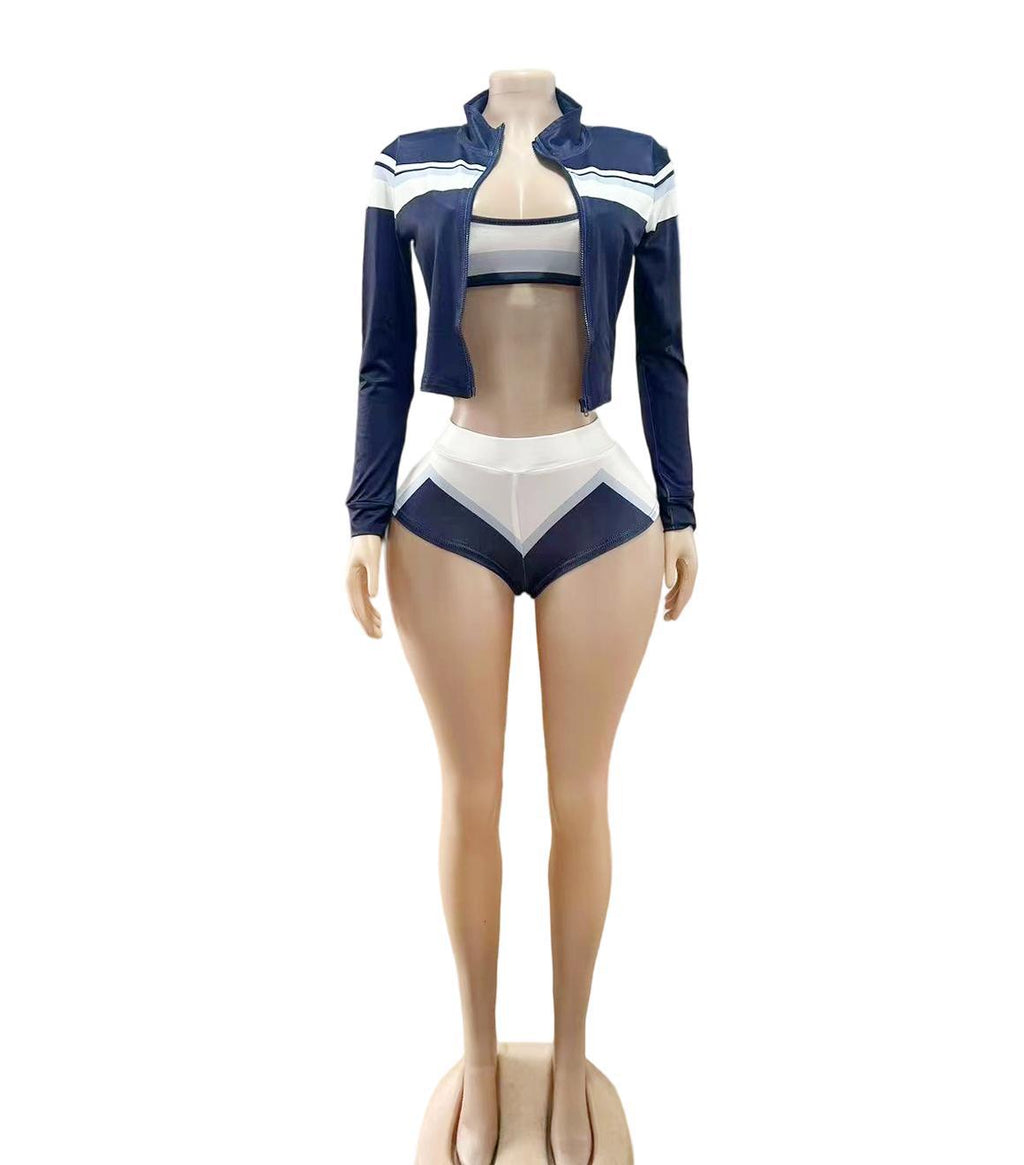 Y2K Color Block Zip Crop Jacket Bikini Short 3 Piece Set