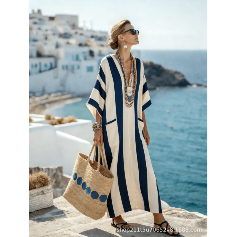 Women Boho Border Print V Neck Loose Kaftan Maxi Beach Dress