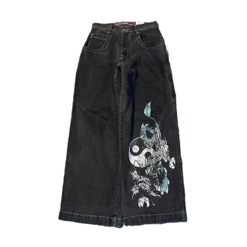 JNCO Style Y2K Baggy Jeans Dragon & Poker Embroidery Streetwear Denim Pants