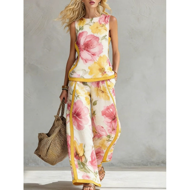 Boho Floral Trim Sleeveless Wide Leg Two Piece Set