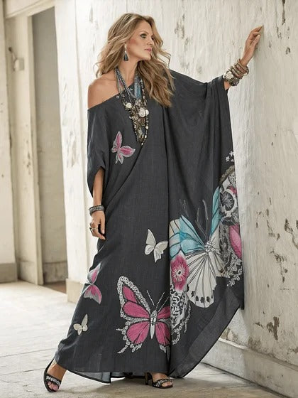 Women Boho Diagonal Striped Off Shoulder Loose Kaftan Maxi Beach Dress