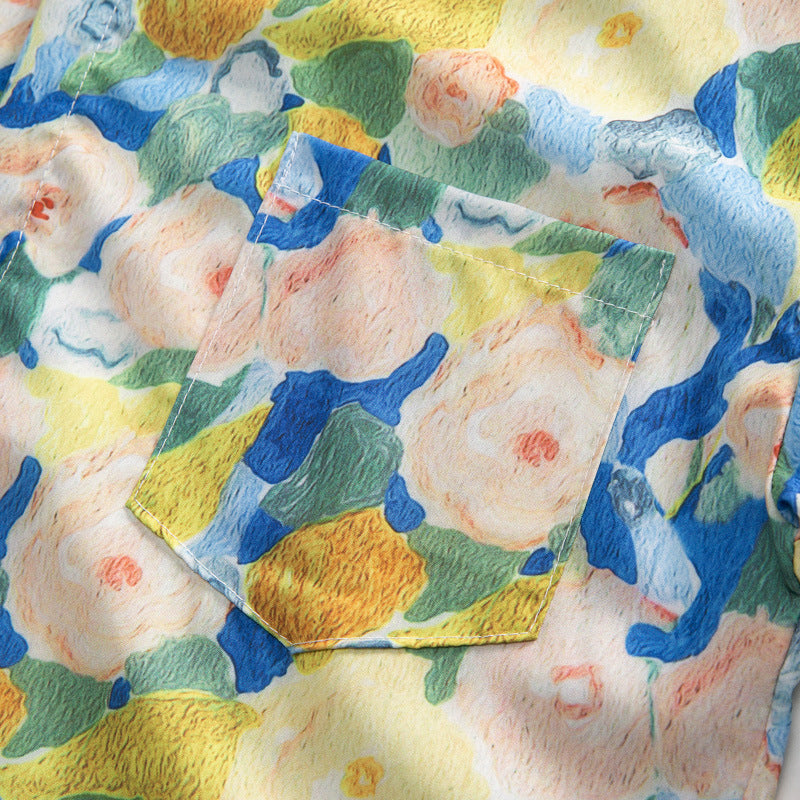 Ice Silk Quick Dry Couple Floral Loose Beach Shirt Shorts Set T3601-T3630