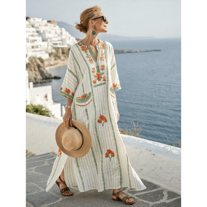 Women Boho V Neck Patch Pocket Print Loose Kaftan Maxi Beach Dress