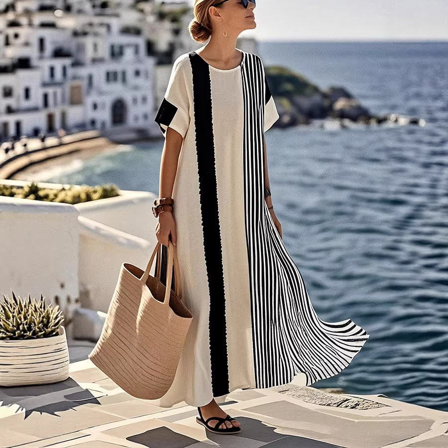 Women Boho Color Block Short Sleeve Kaftan Maxi Beach Dress