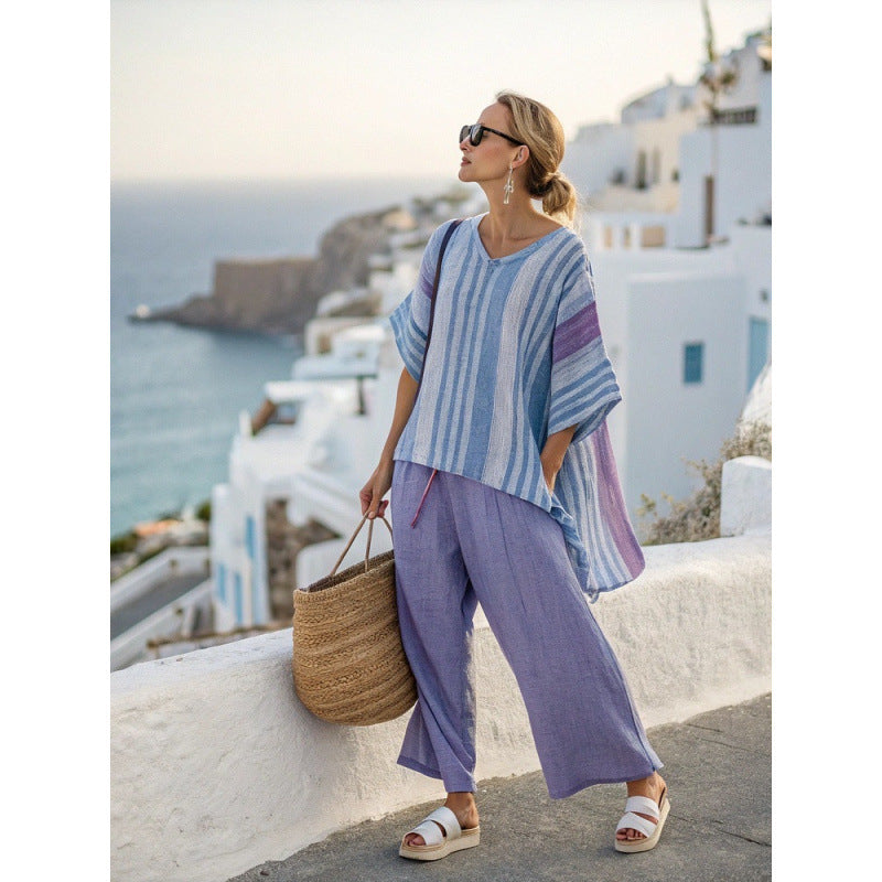 Women Boho Striped Plus Size Loose Kaftan Beach Set