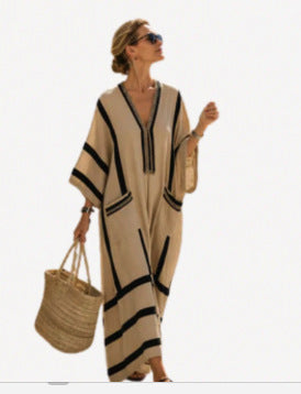 Women Boho V Neck Patch Pocket Print Loose Kaftan Maxi Beach Dress