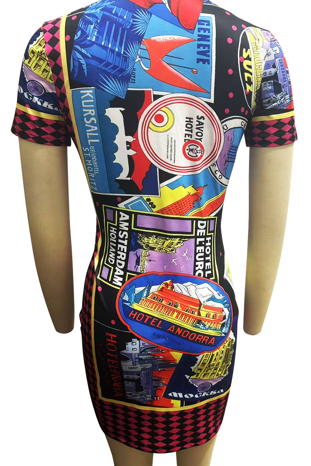 Versus Versace Travel Souvenir Collage Print Bodycon Mini Dress Women
