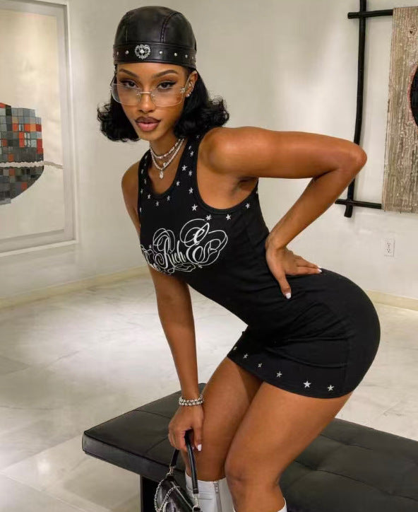 Graphic Metal Stud Tank Bodycon Mini Dress Women Punk Streetwear