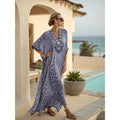 Women Boho Abstract Print V Neck Batwing Loose Kaftan Maxi Beach Dress