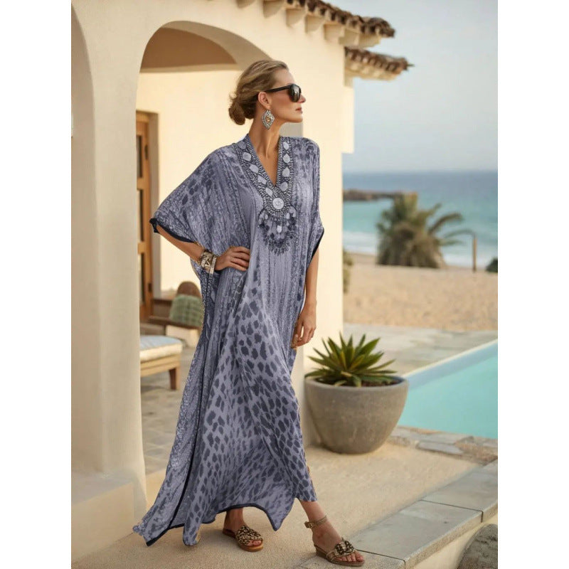 Women Boho Abstract Print V Neck Batwing Loose Kaftan Maxi Beach Dress
