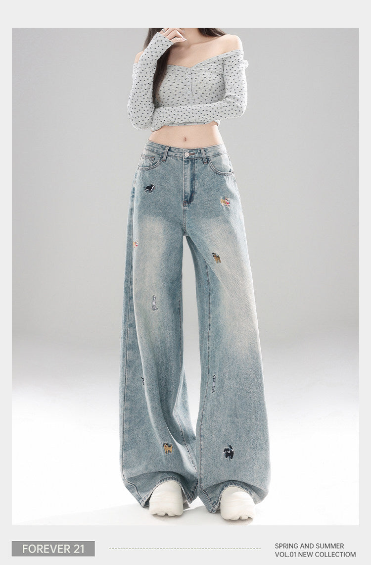 Light Blue Puppy Embroidered Wide Leg Denim High Waist Loose Trousers