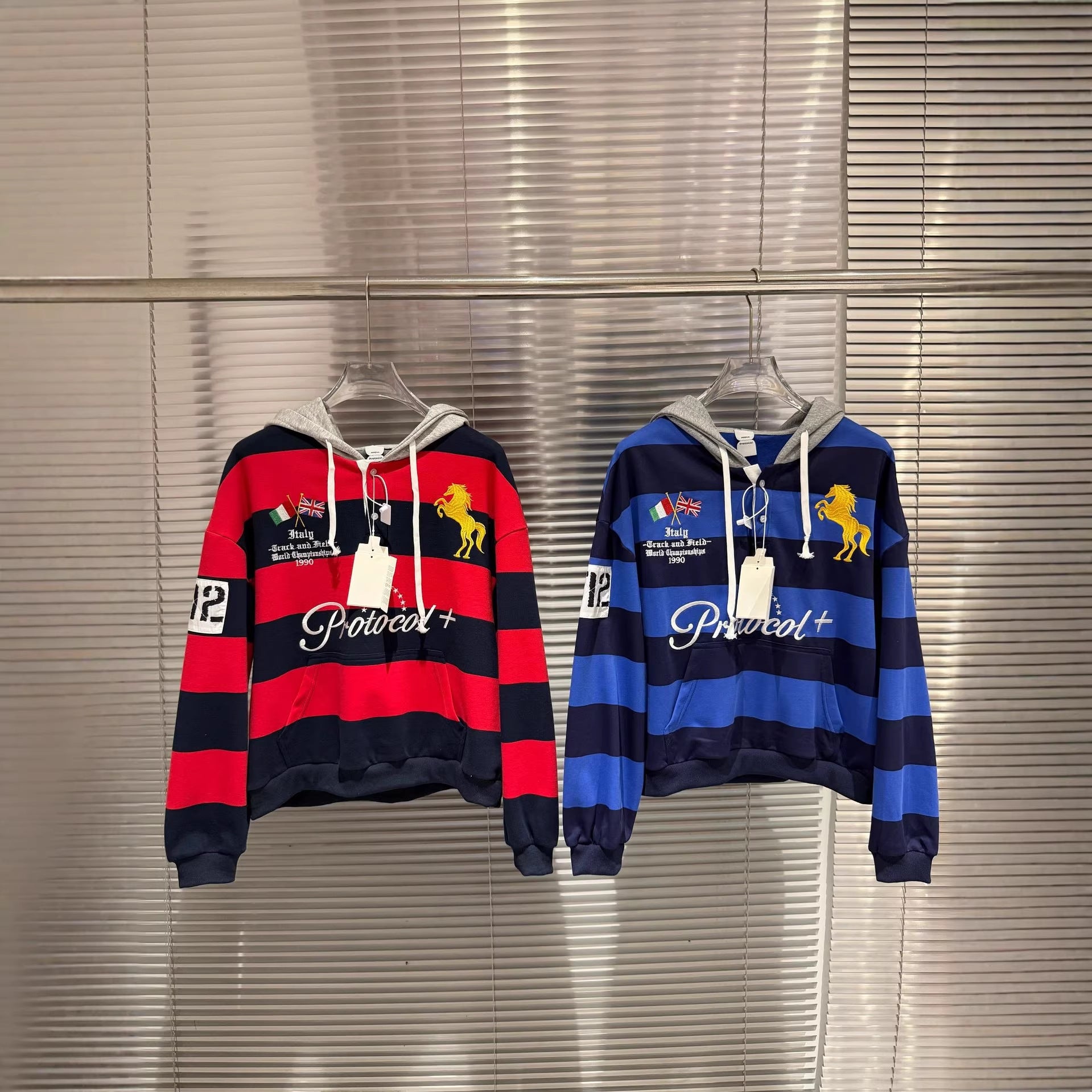 Protocol Index Striped Horse Embroidery Hoodie Rugby Sweatshirt Unisex