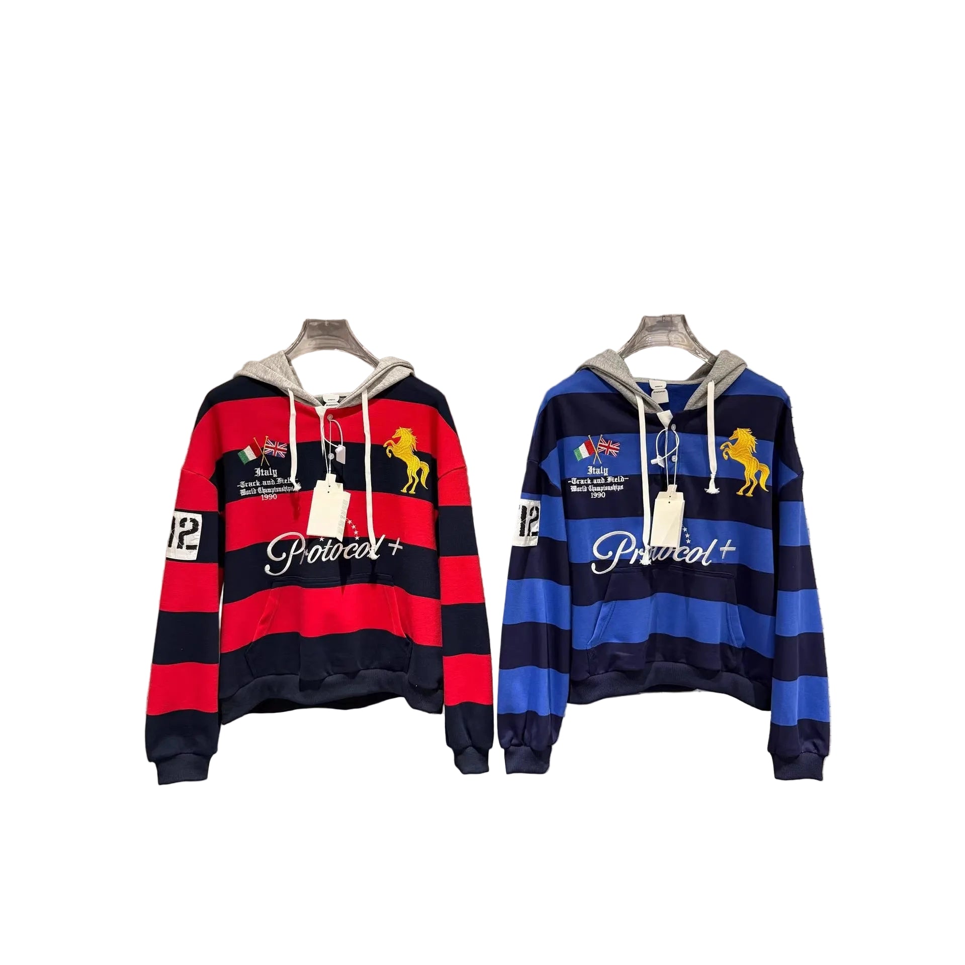 Protocol Index Striped Horse Embroidery Hoodie Rugby Sweatshirt Unisex