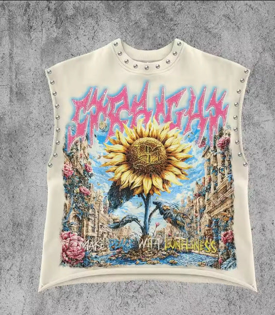Vintage Letter Number Graphic Rivet Sleeveless Loose Vest Top Women