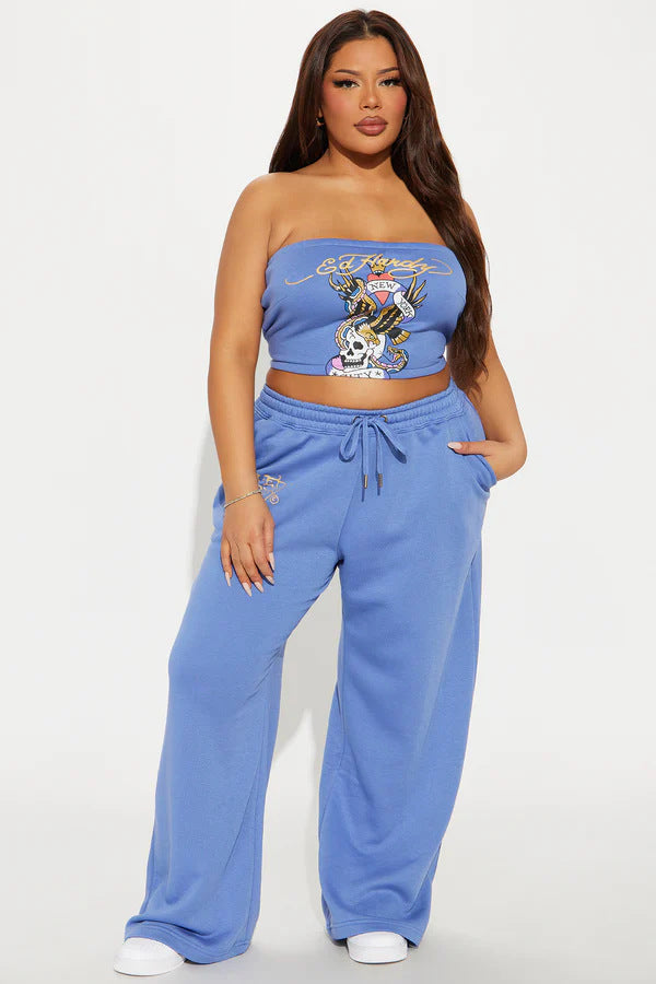 Skull Graphic Print Strapless Tube Top Wide Leg Pants 2 Piece Set Women
