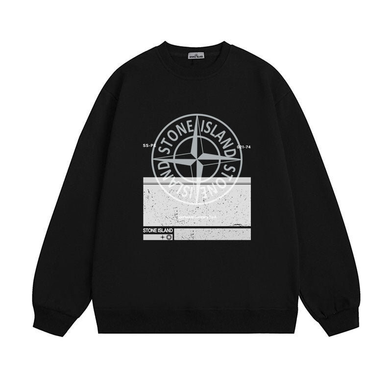 Stone Island Compass Print Crewneck Sweatshirt Men Winter Fleece Top