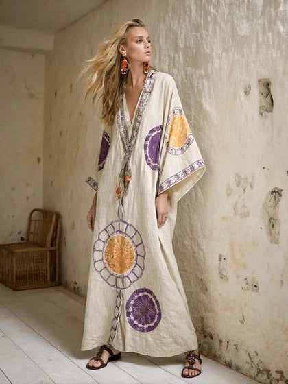 Women Boho Diagonal Striped Off Shoulder Loose Kaftan Maxi Beach Dress