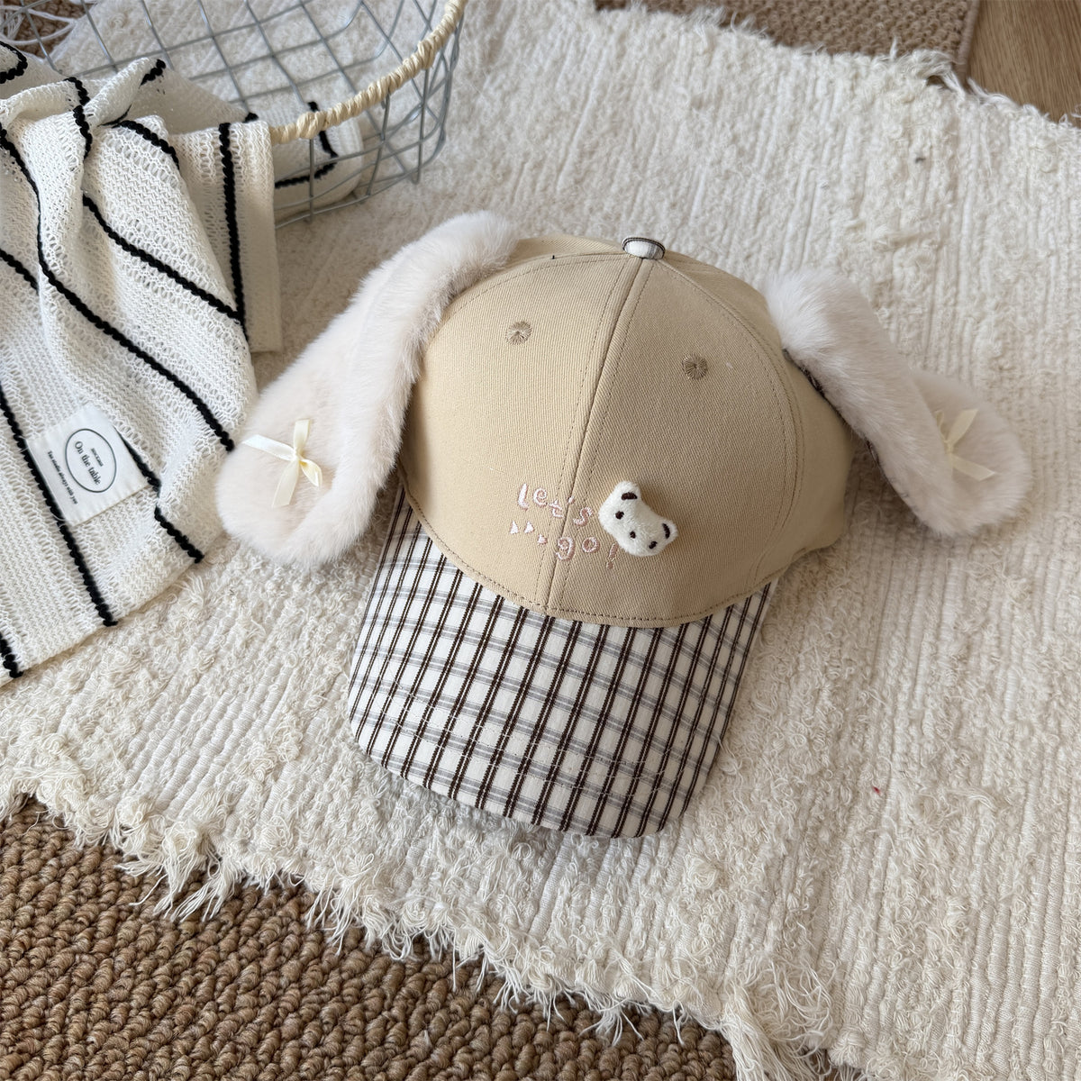 Cute Fluffy Bunny Ear Reversible Plaid Baseball Cap For Girls