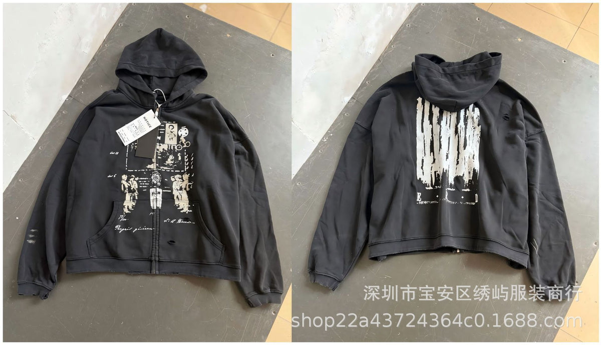 ERD Distressed Photo Letter Print Hoodie Vintage Cotton Pullover
