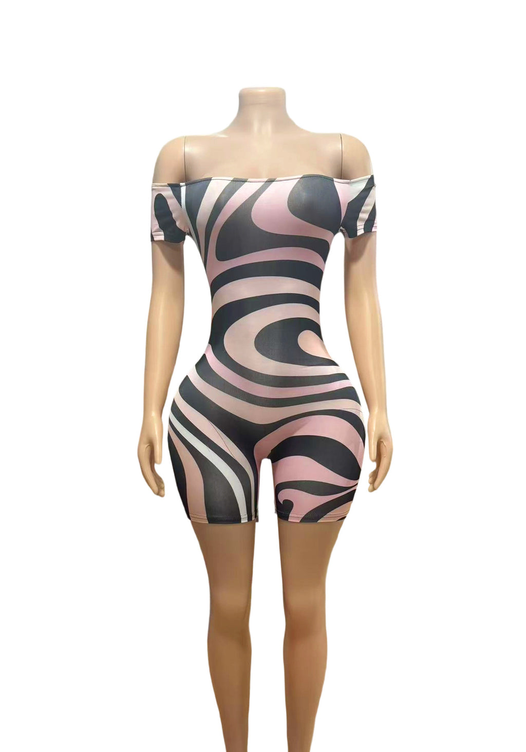 Off Shoulder Abstract Print Bodycon Romper Shorts Women Sexy Club Jumpsuit