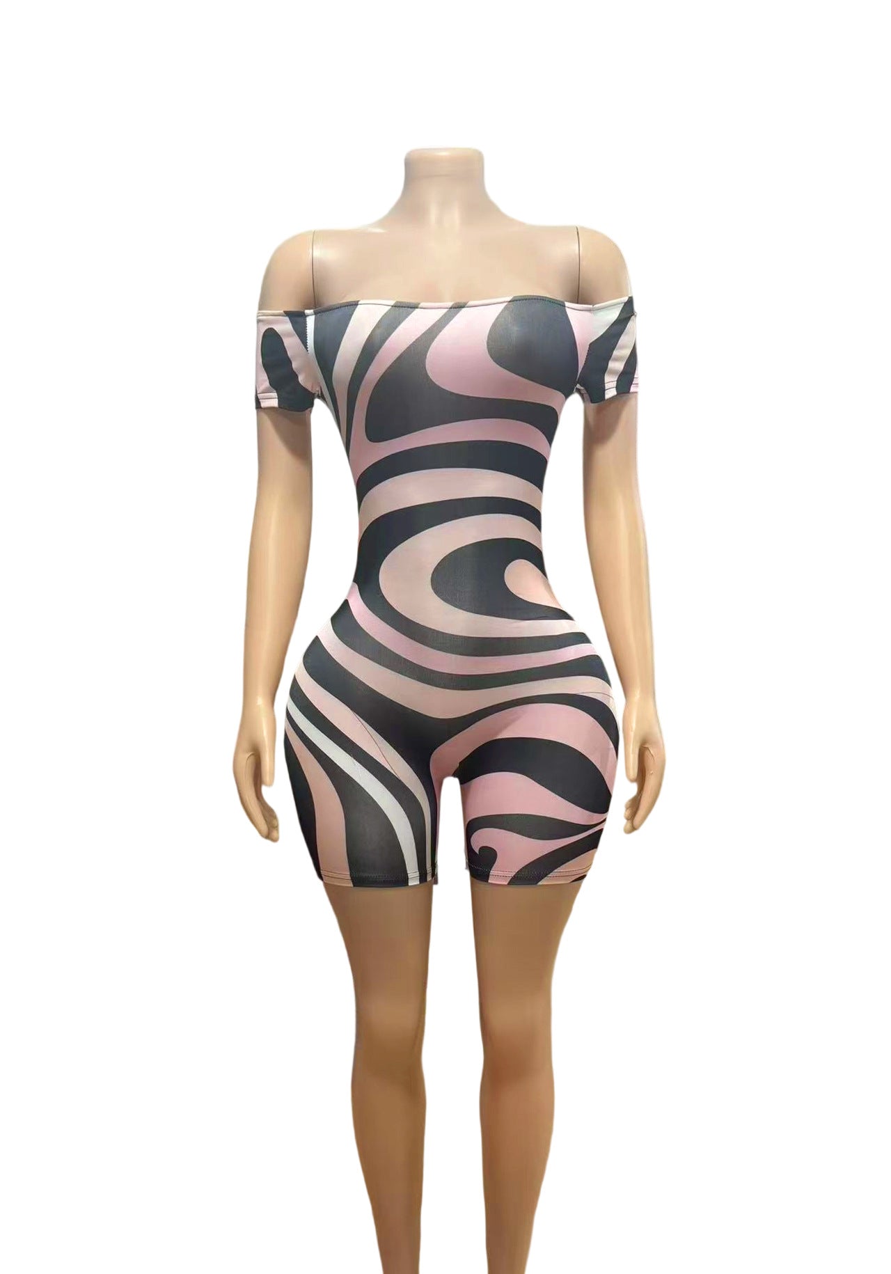 Off Shoulder Abstract Print Bodycon Romper Shorts Women Sexy Club Jumpsuit