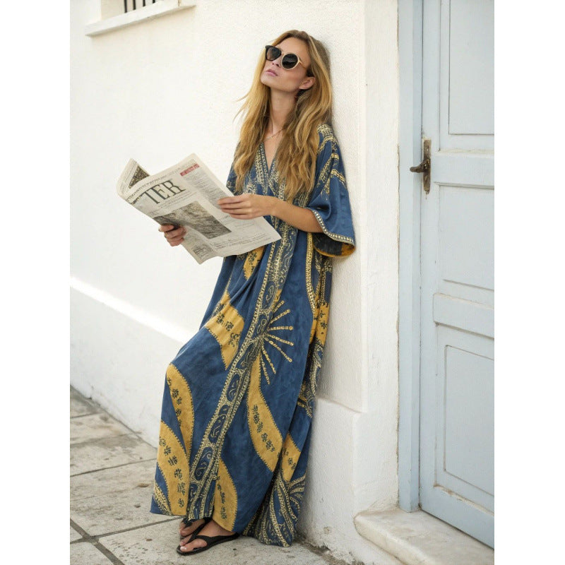 Women Boho Floral Border Print V Neck Loose Kaftan Maxi Beach Dress