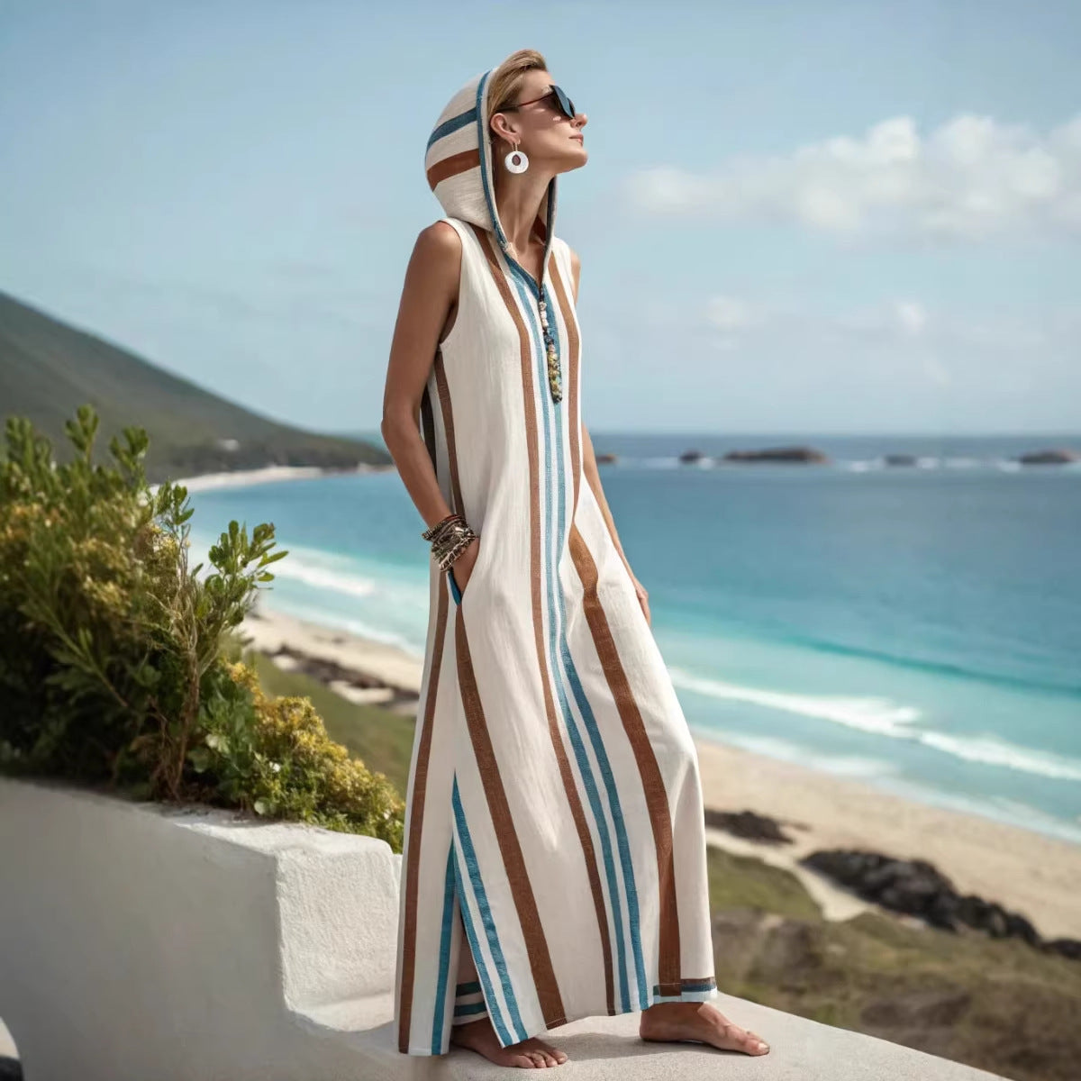 Women Boho Striped Hooded Sleeveless Slit Pocket Kaftan Maxi Beach Dress