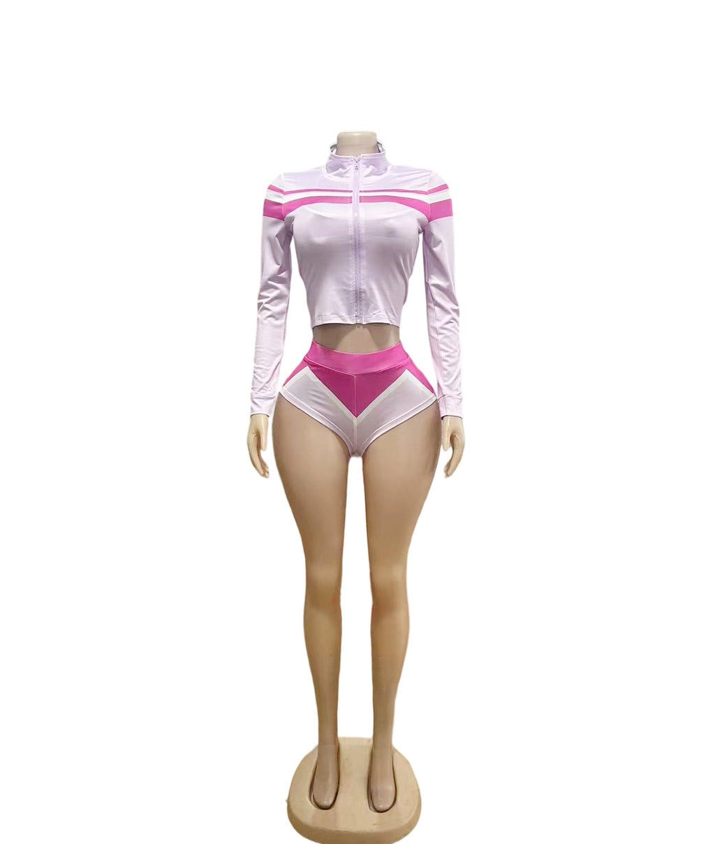 Y2K Color Block Zip Crop Jacket Bikini Short 3 Piece Set