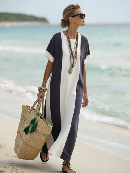 Women Boho Color Block Short Sleeve Kaftan Maxi Beach Dress